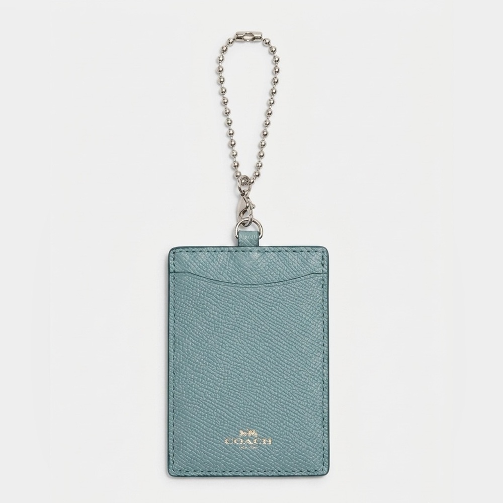 Coach Teal Leather Badge Card Holder with Silver Chain